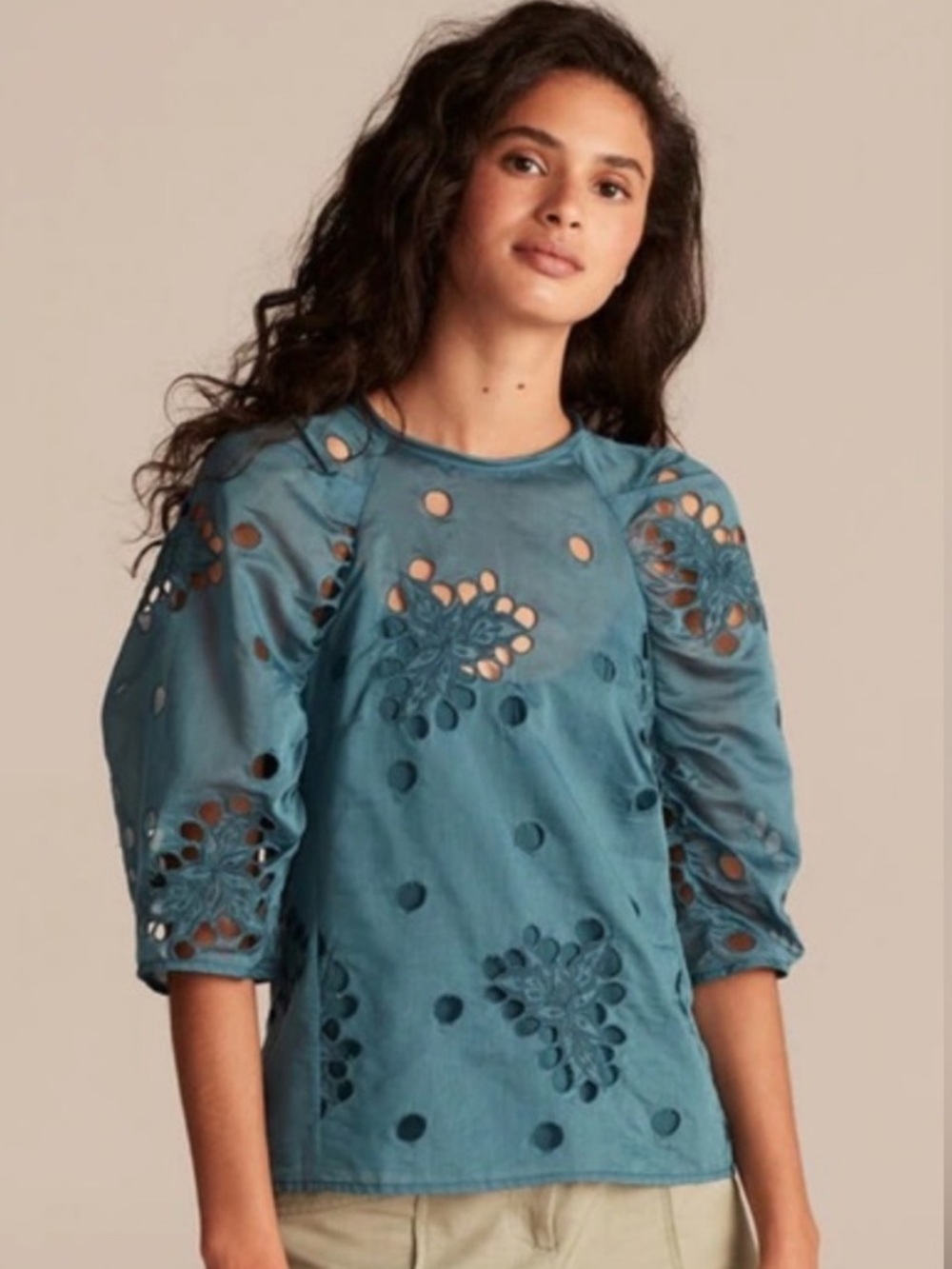 Rebecca Taylor Honeysuckle Teal Eyelet Cutout Puff-Sleeve Top